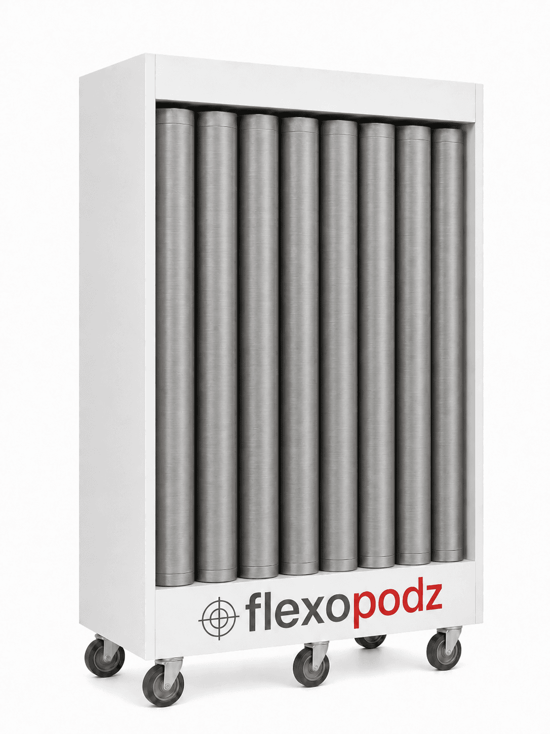 Flexopodz vertical cart configured for anilox sleeve storage