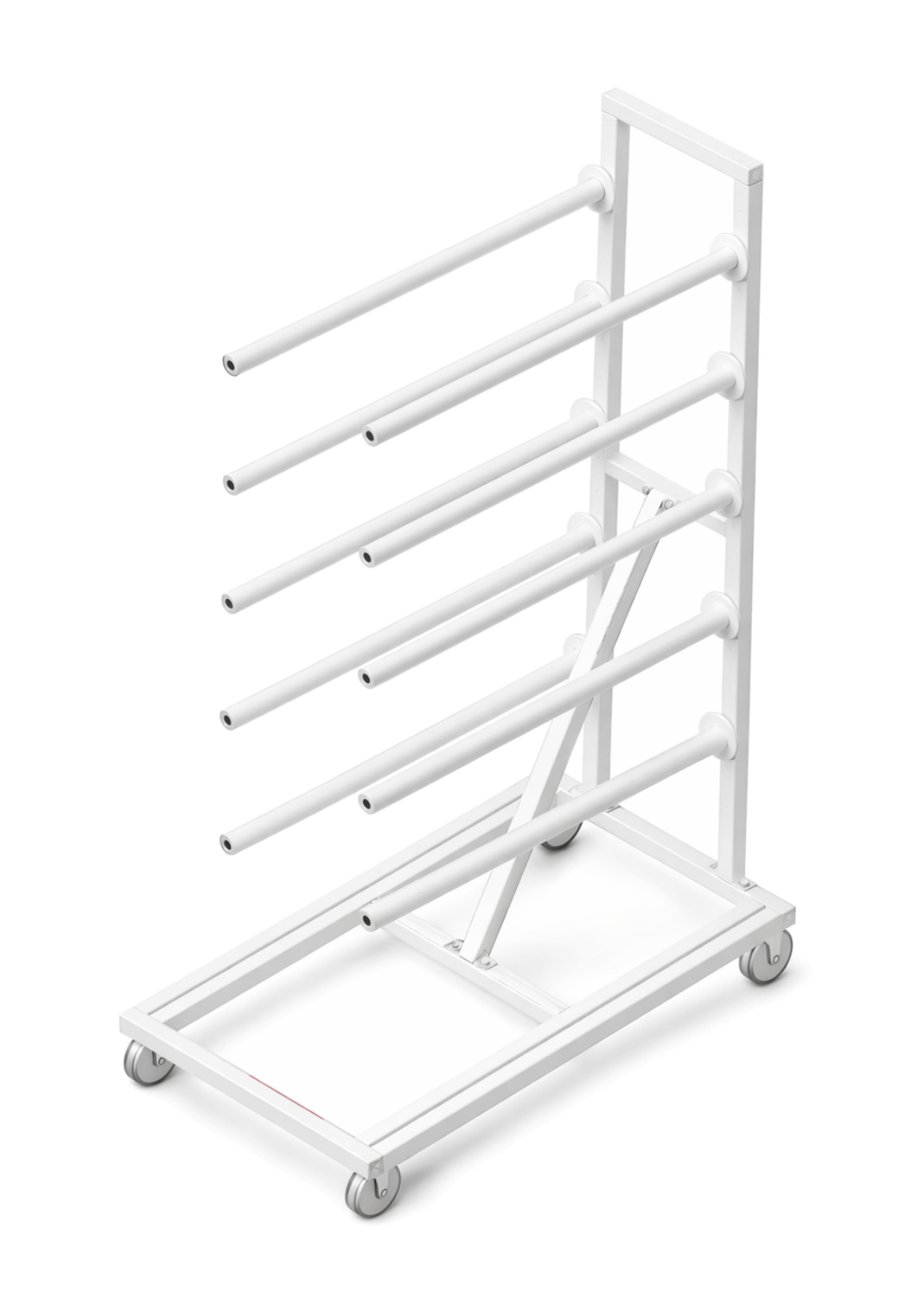 Narrow web job cart with angled storage arms on wheels